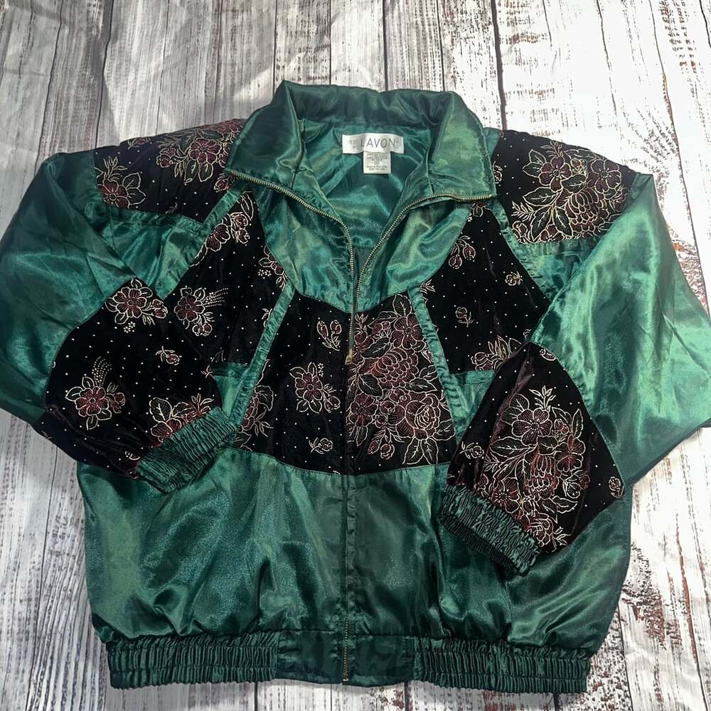 Lavon Vintage Windbreaker Size M Green Floral Velvet Satin Bomber Jacket